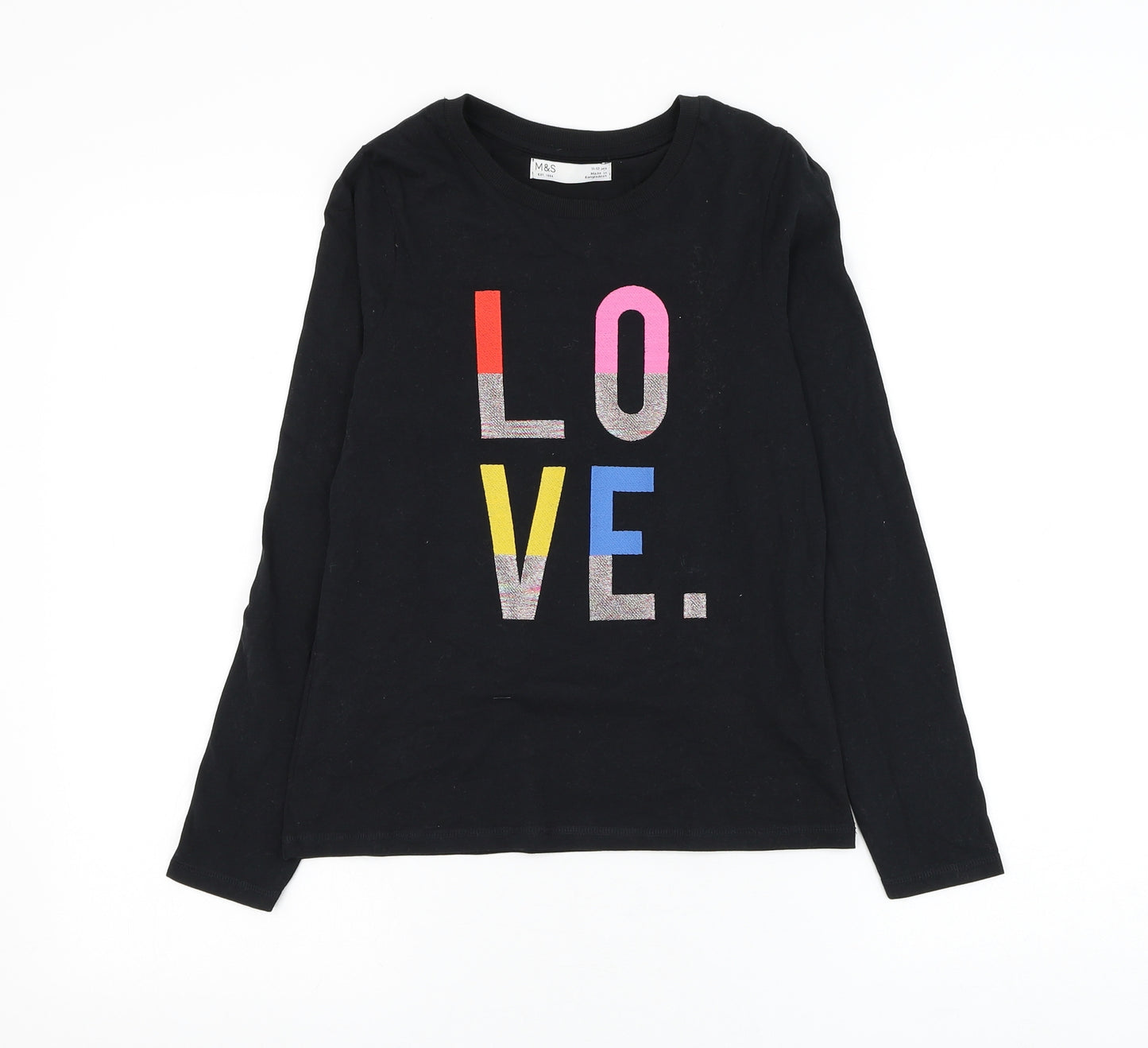 Marks and Spencer Girls Black Cotton Pullover T-Shirt Size 11-12 Years Round Neck Pullover - Love