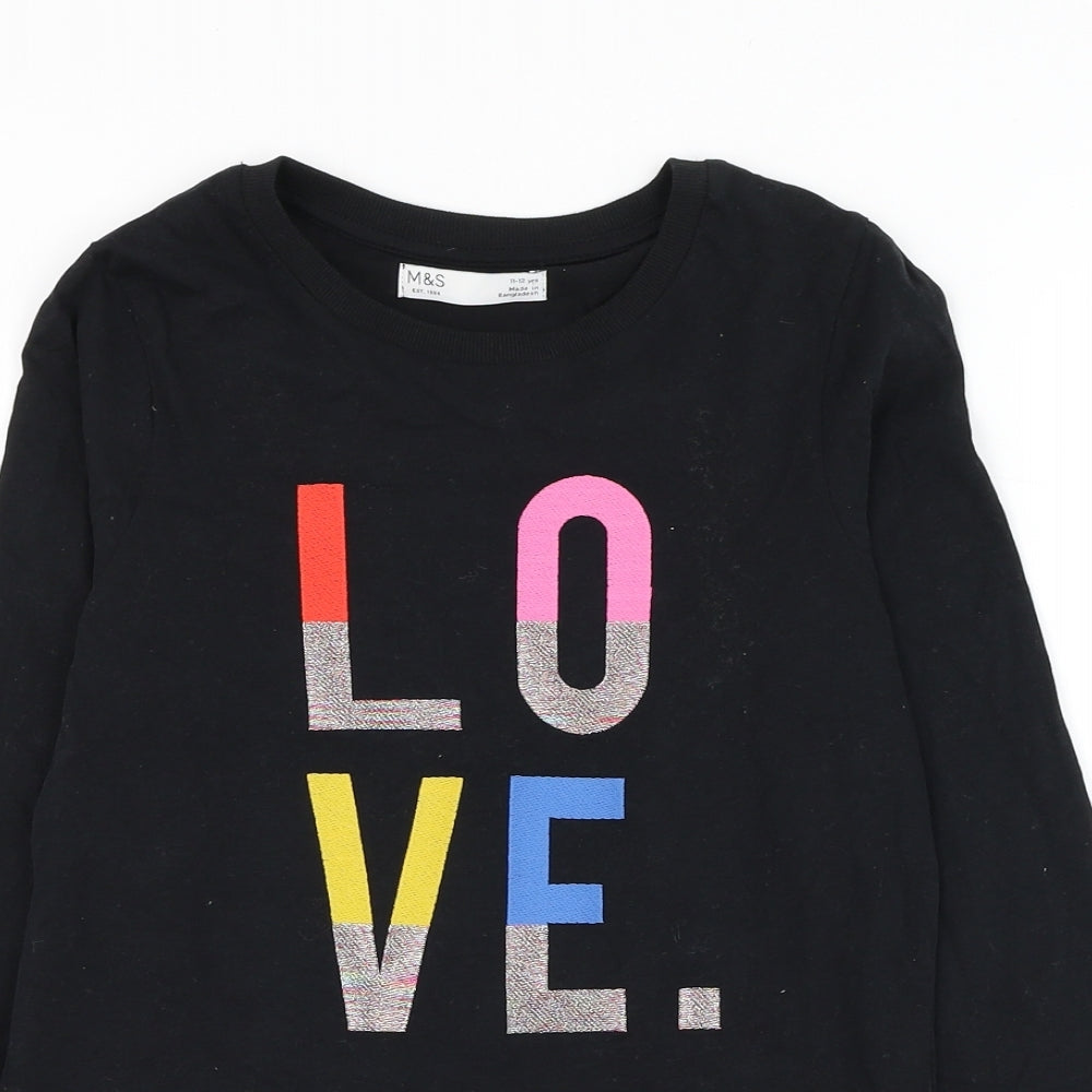 Marks and Spencer Girls Black Cotton Pullover T-Shirt Size 11-12 Years Round Neck Pullover - Love