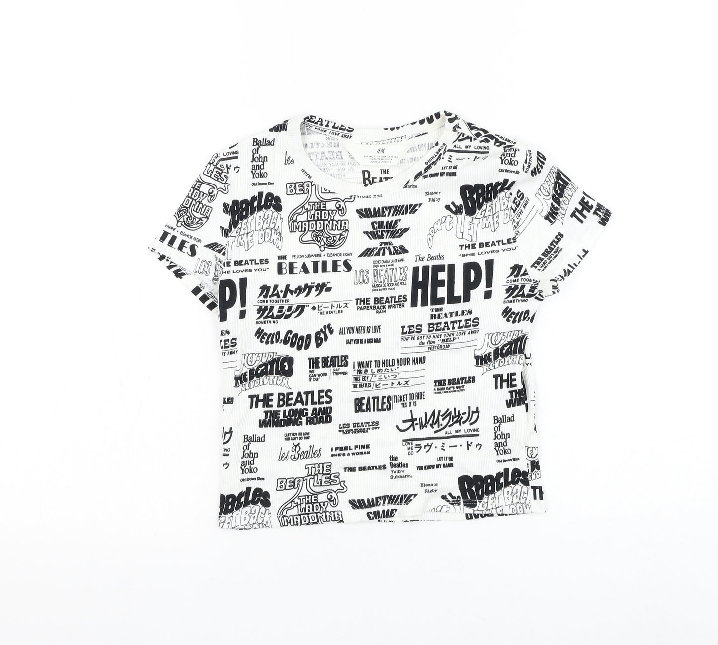 H&M Girls White Geometric Cotton Pullover T-Shirt Size 10-11 Years Round Neck Pullover - The Beatles