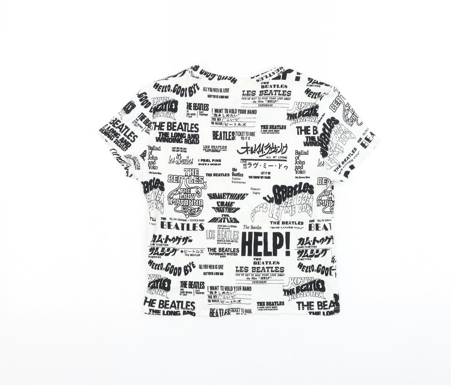 H&M Girls White Geometric Cotton Pullover T-Shirt Size 10-11 Years Round Neck Pullover - The Beatles