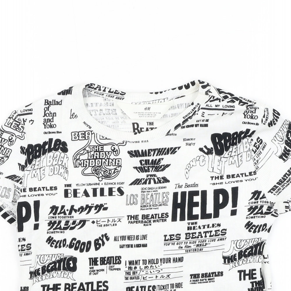 H&M Girls White Geometric Cotton Pullover T-Shirt Size 10-11 Years Round Neck Pullover - The Beatles