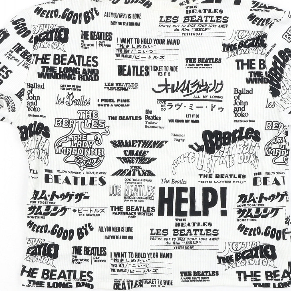 H&M Girls White Geometric Cotton Pullover T-Shirt Size 10-11 Years Round Neck Pullover - The Beatles