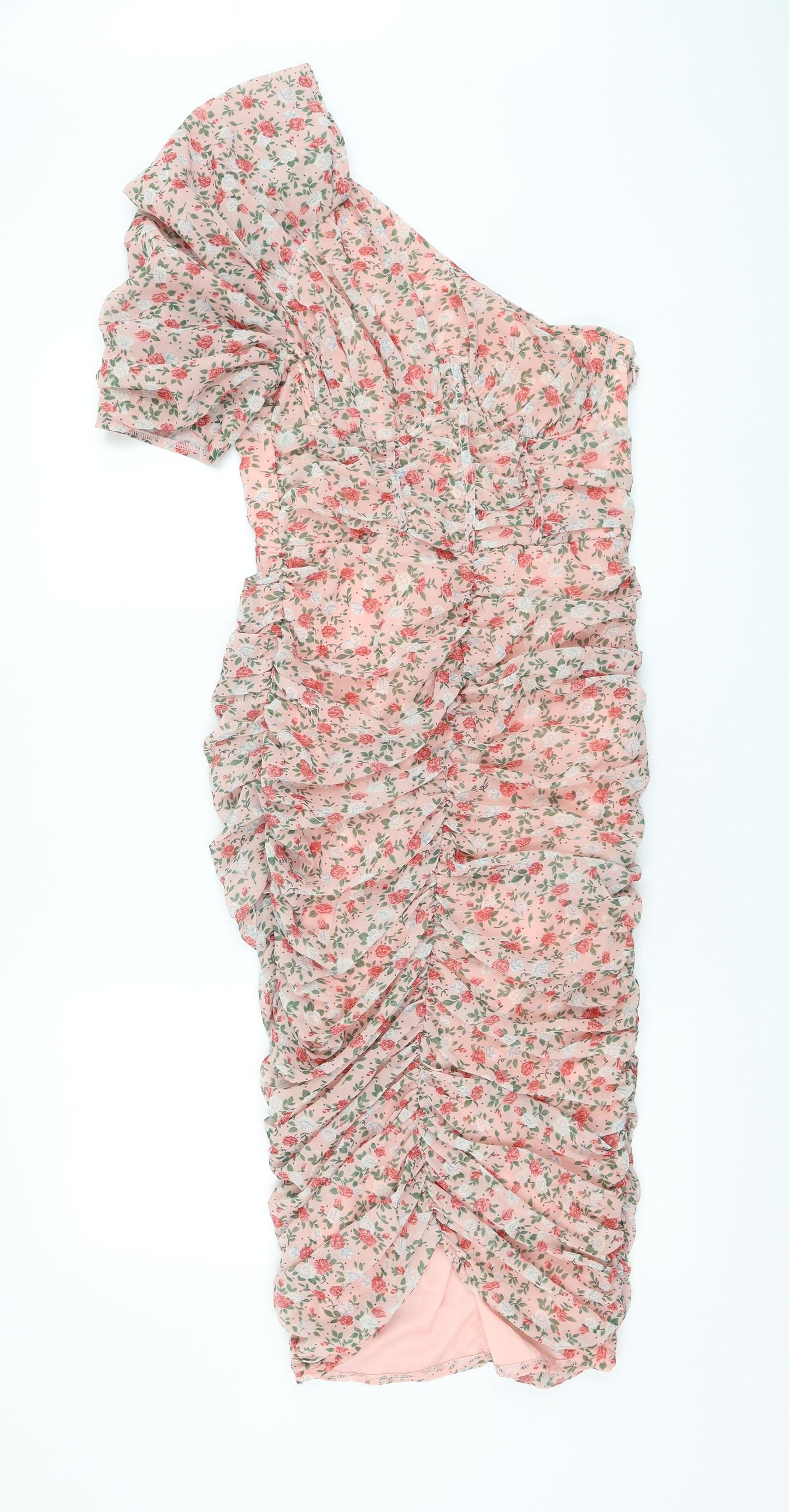 PRETTYLITTLETHING Womens Pink Floral Polyester Pencil Dress Size 8 One Shoulder Zip