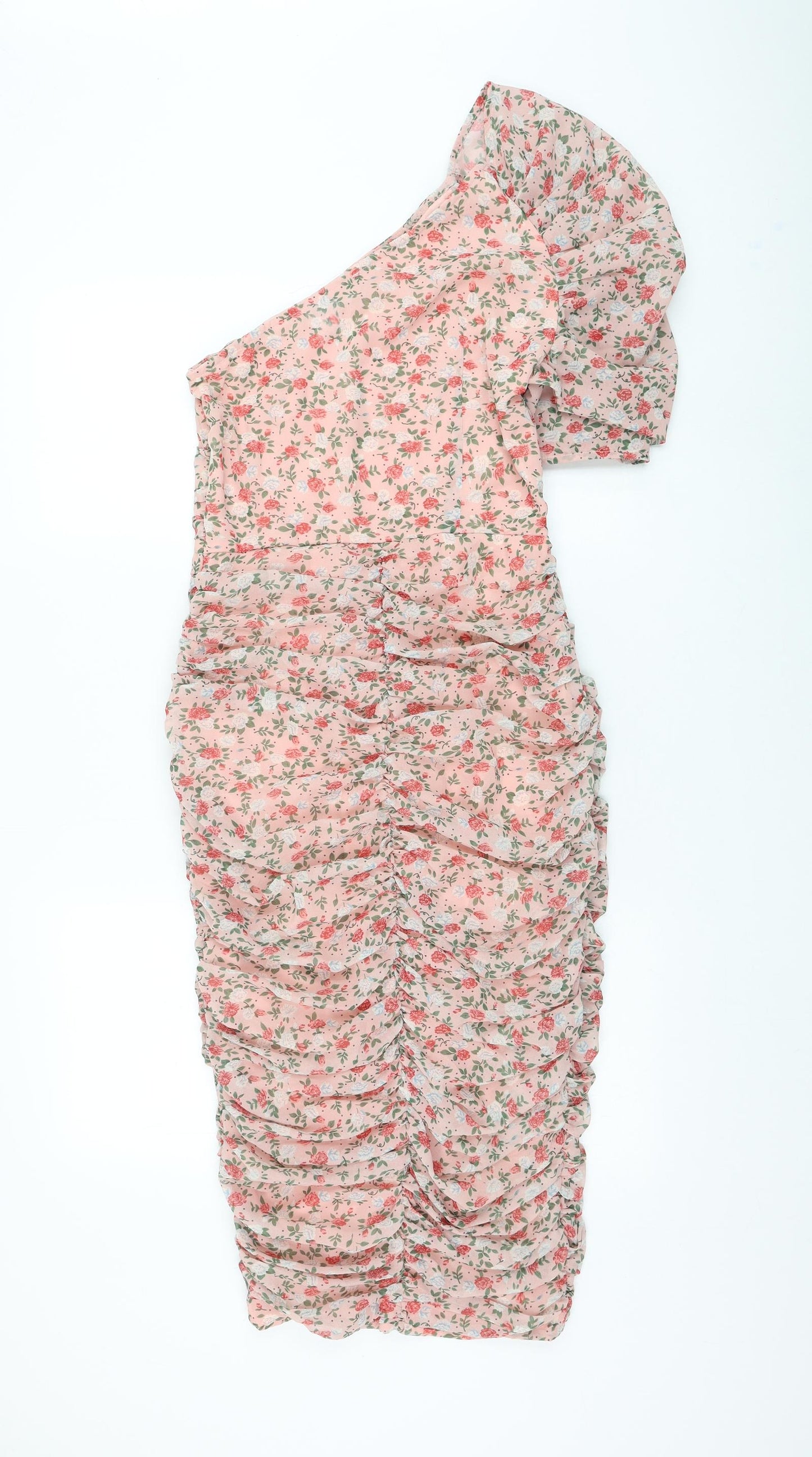 PRETTYLITTLETHING Womens Pink Floral Polyester Pencil Dress Size 8 One Shoulder Zip