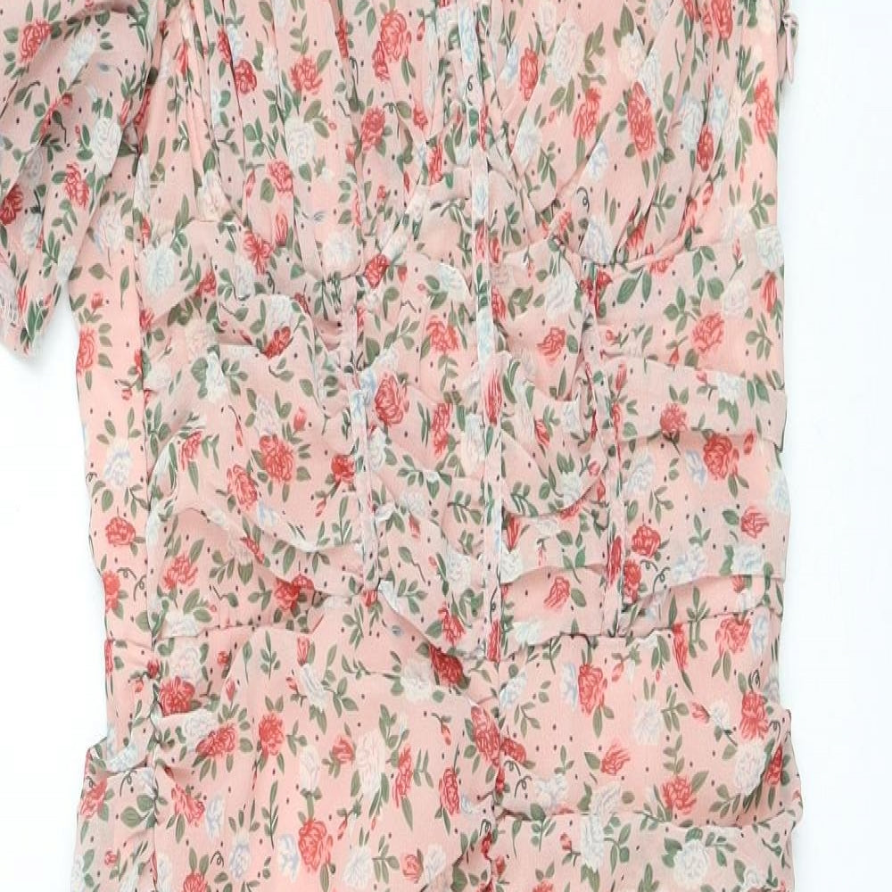 PRETTYLITTLETHING Womens Pink Floral Polyester Pencil Dress Size 8 One Shoulder Zip