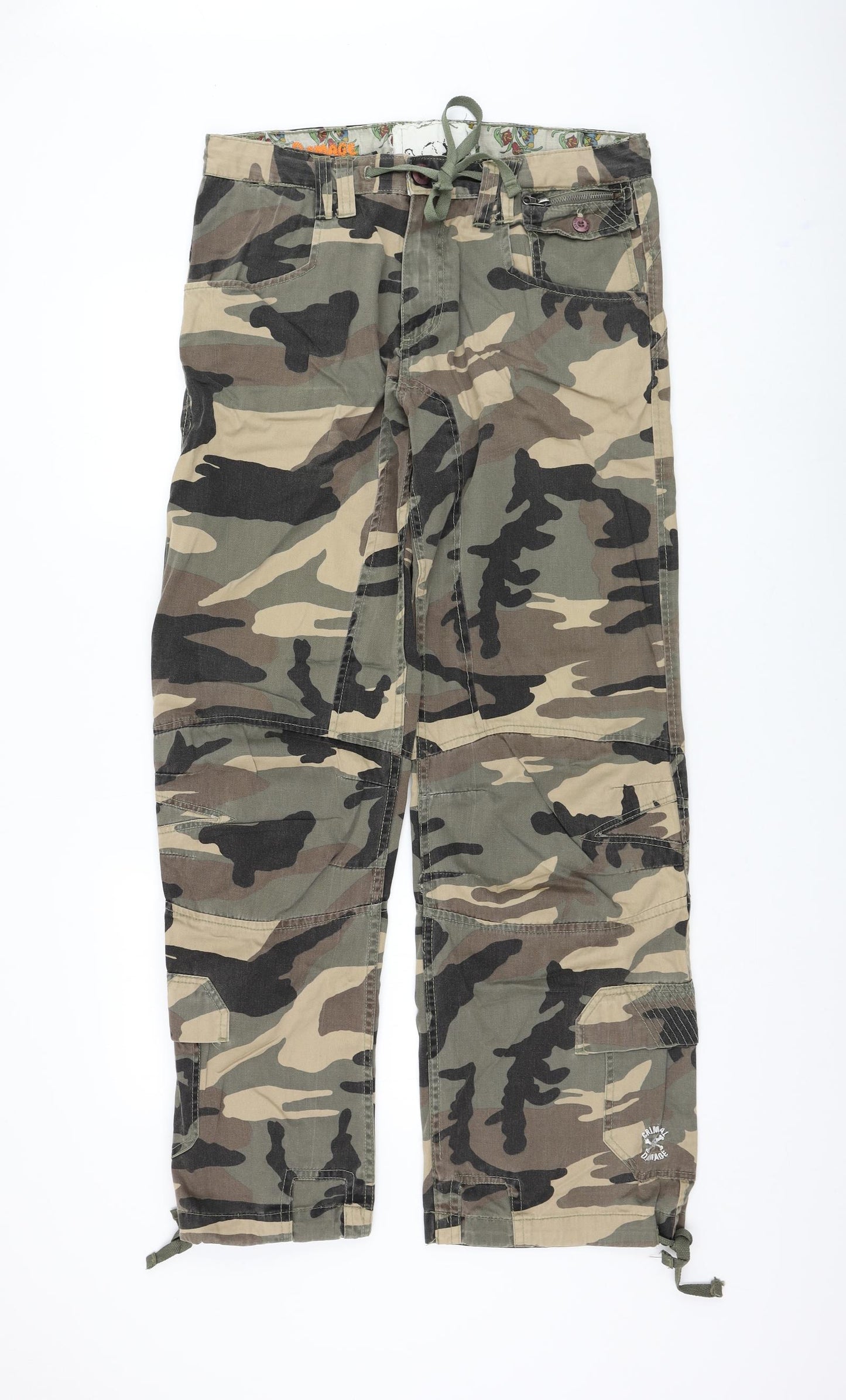 Criminal Damage Womens Green Camouflage Polyester Cargo Trousers Size 34 in L32 in Regular Zip
