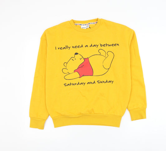 Front view of Primark women’s yellow cotton pullover sweatshirt, size UK 4, pullover - winnie the pooh