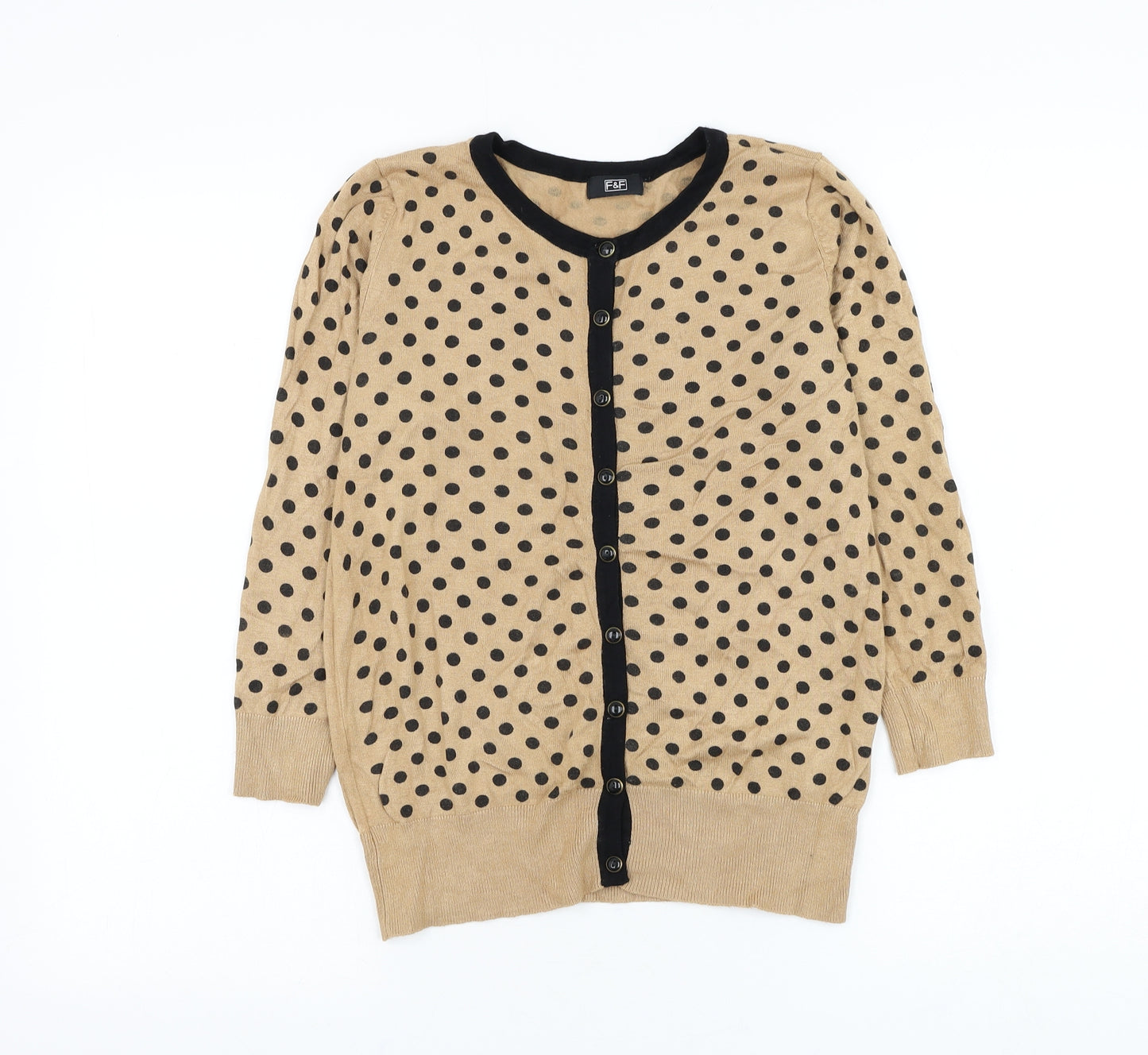 F&F Womens Brown Round Neck Polka Dot Viscose Cardigan Jumper Size 10