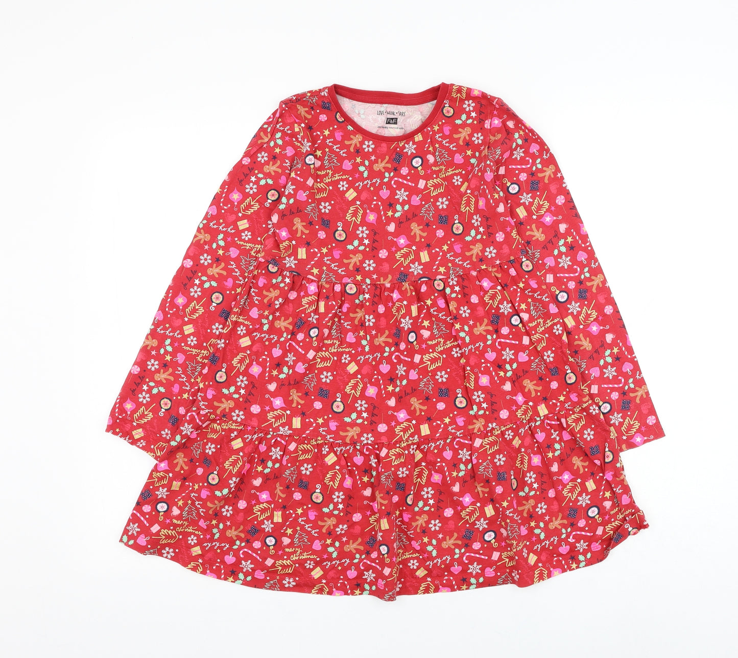 F&F Girls Red Geometric Cotton Trapeze & Swing Size 10-11 Years Round Neck Pullover - Christmas