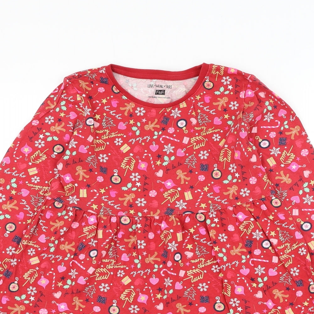 F&F Girls Red Geometric Cotton Trapeze & Swing Size 10-11 Years Round Neck Pullover - Christmas