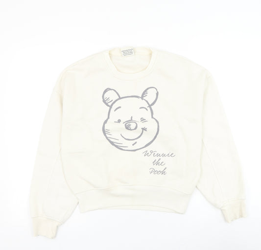 Front view of Primark women’s white polyester pullover sweatshirt, size UK 6, pullover - winnie the pooh