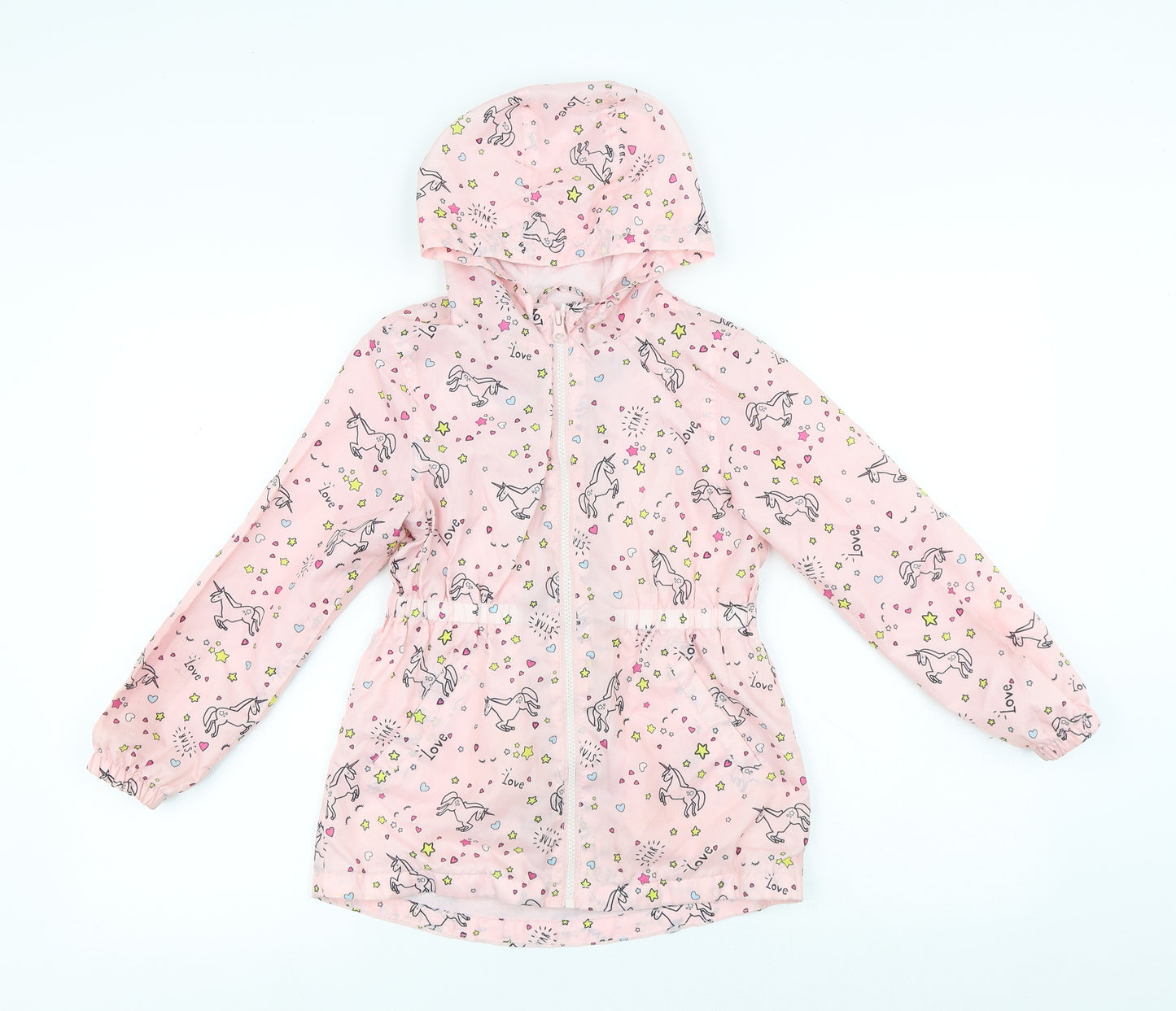 Primark Girls Pink Geometric Jacket Coat Size 7-8 Years Zip - Unicorns
