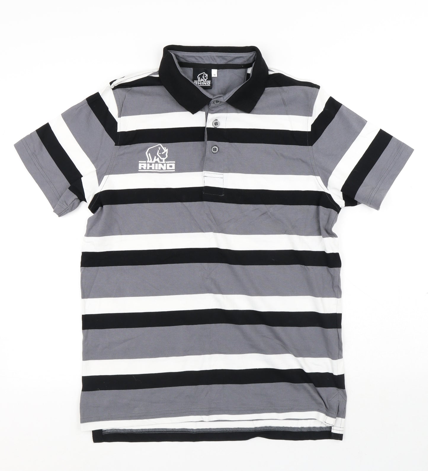 Rhino Mens Multicoloured Striped Cotton Polo Size M Collared Button - Rhino