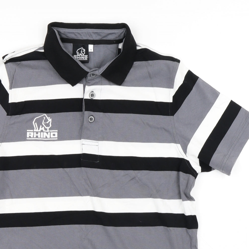 Rhino Mens Multicoloured Striped Cotton Polo Size M Collared Button - Rhino