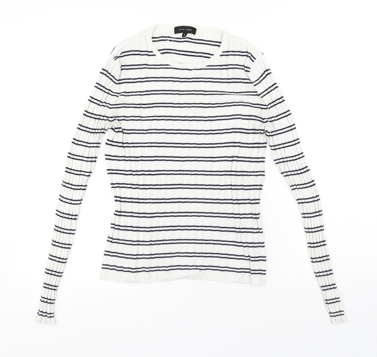 New Look Womens White Striped Viscose Basic T-Shirt Size 8 Round Neck