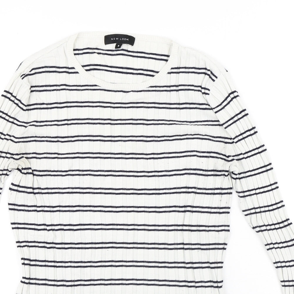 New Look Womens White Striped Viscose Basic T-Shirt Size 8 Round Neck