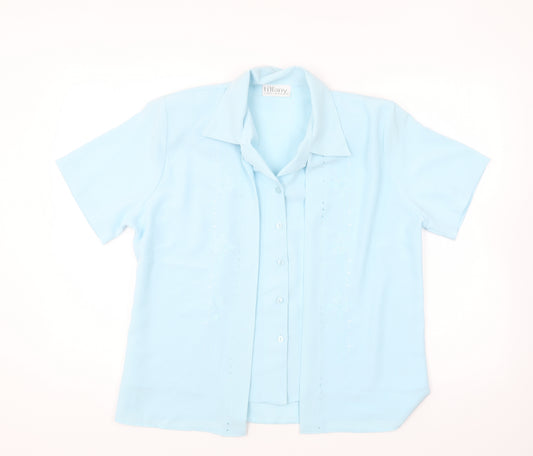 Front view of Tiffany women’s blue polyester basic button-up, size UK 12, collared