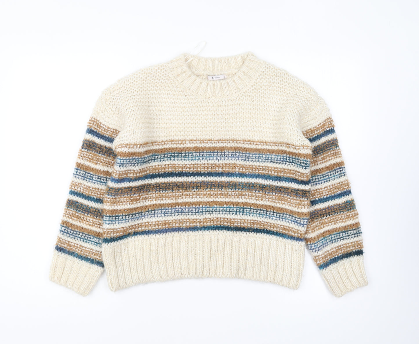 TU Womens Beige Round Neck Striped Acrylic Pullover Jumper Size 12