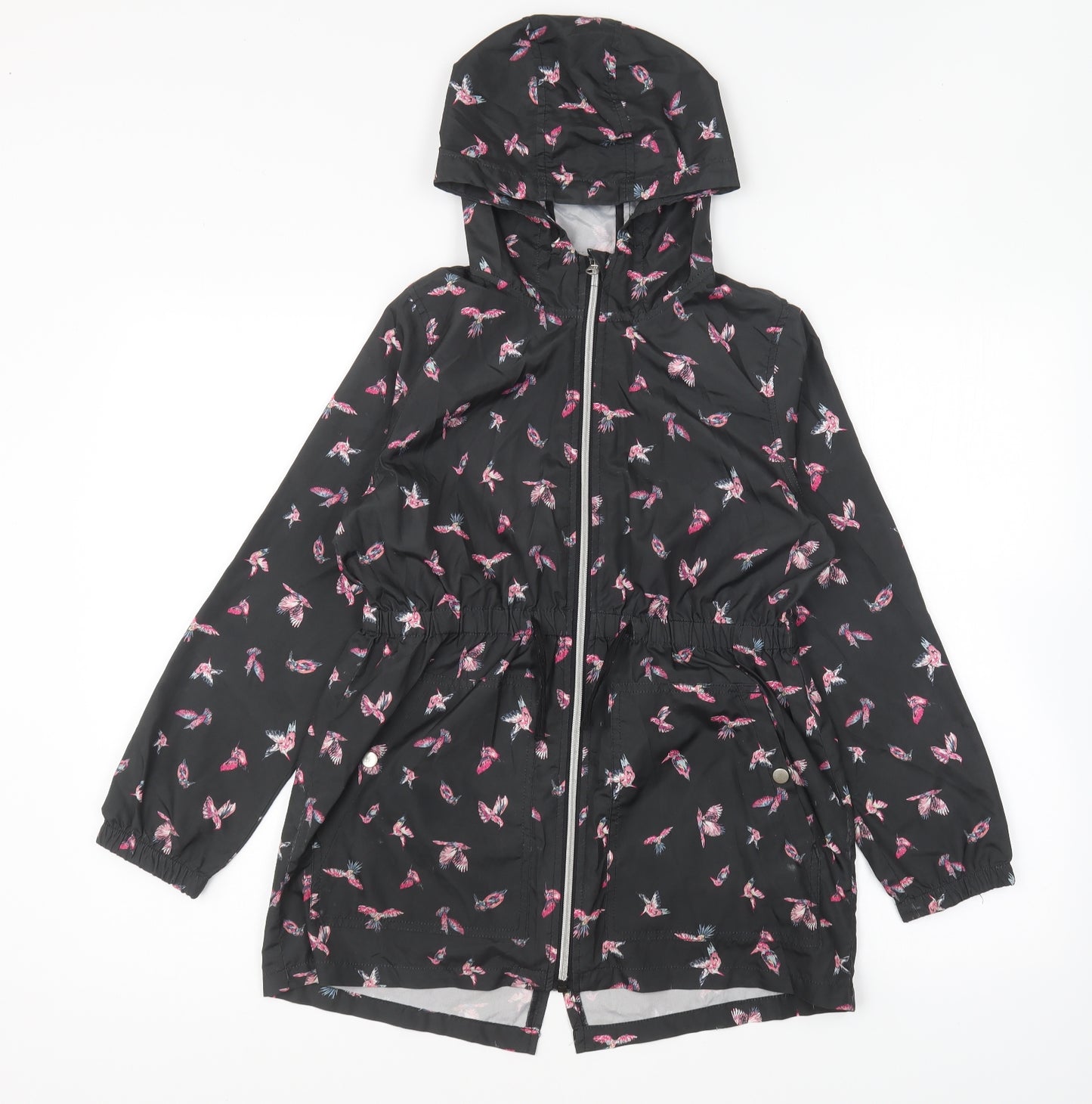 Primark Girls Black Geometric Rain Coat Coat Size 11-12 Years Zip - Bird print