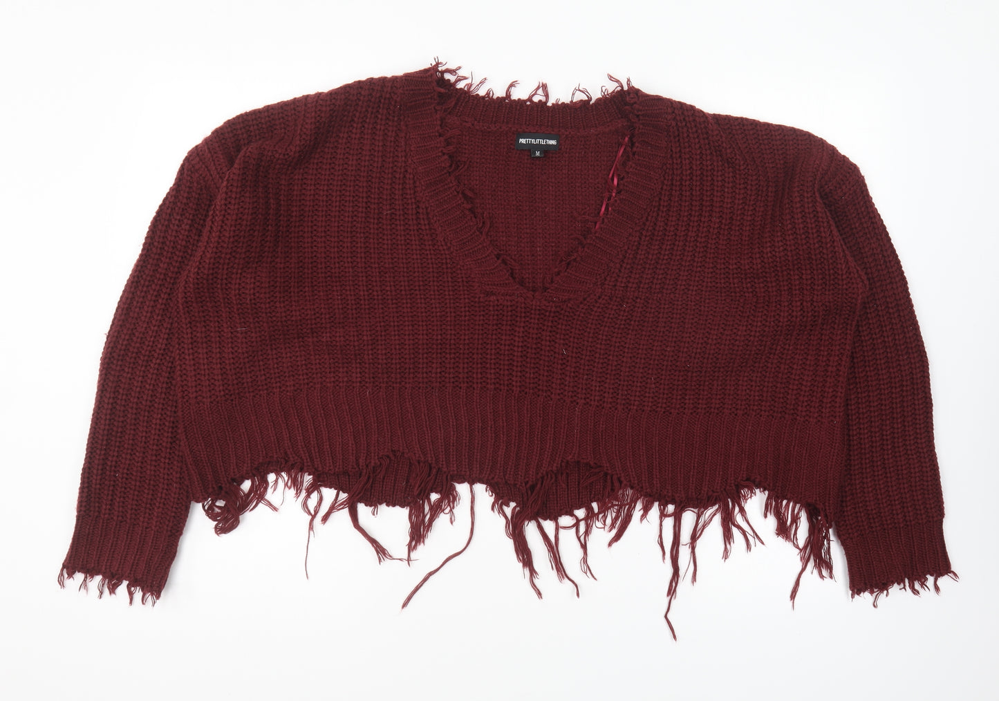 PRETTYLITTLETHING Womens Purple V-Neck Acrylic Pullover Jumper Size M - Distressed Hem