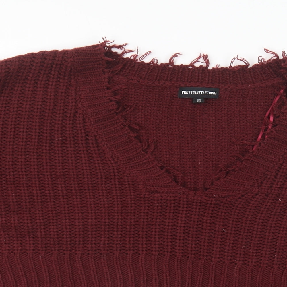 PRETTYLITTLETHING Womens Purple V-Neck Acrylic Pullover Jumper Size M - Distressed Hem