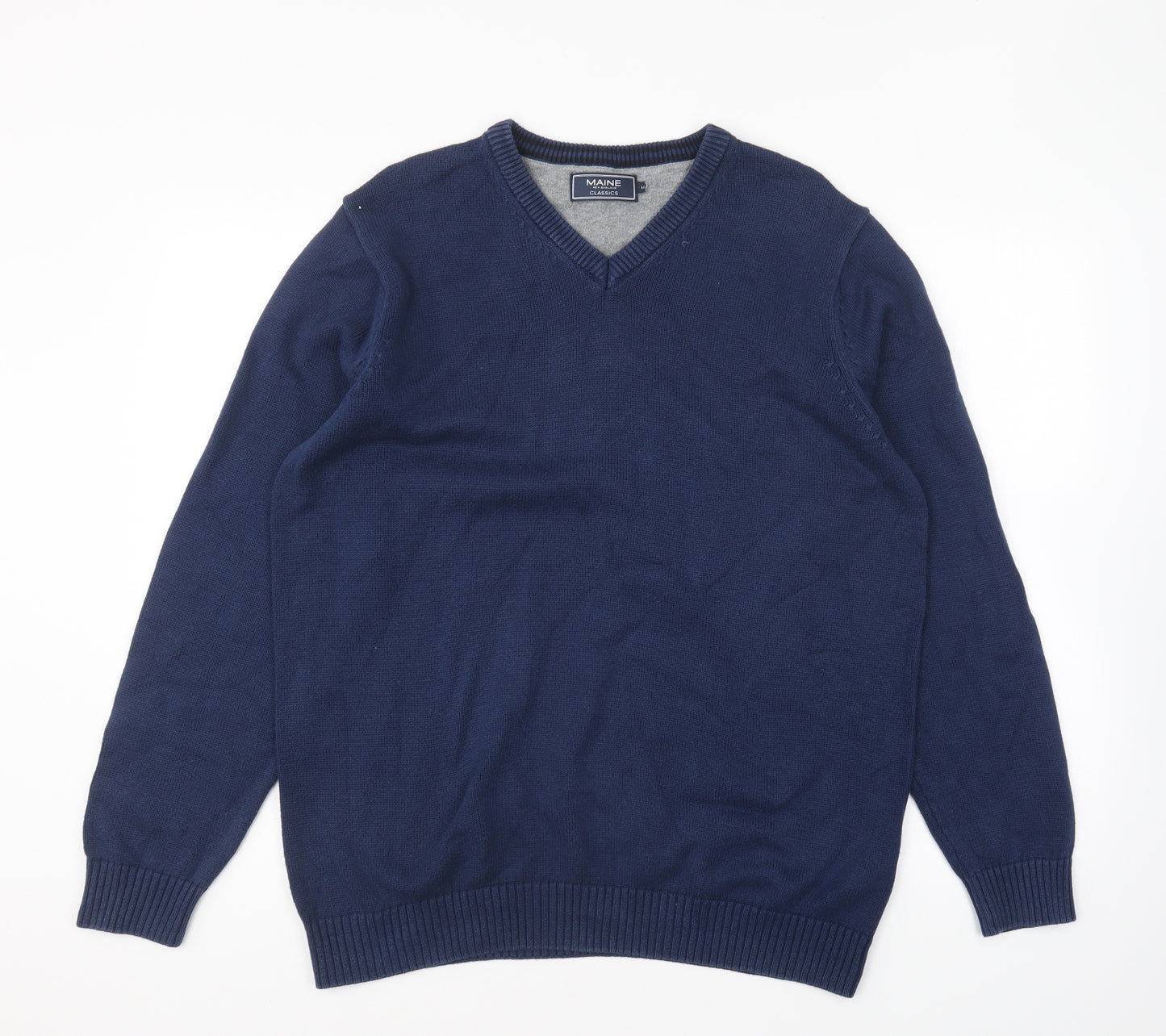 Maine Mens Blue V-Neck Cotton Pullover Jumper Size M