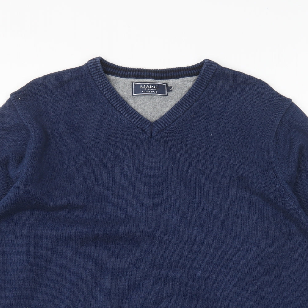 Maine Mens Blue V-Neck Cotton Pullover Jumper Size M