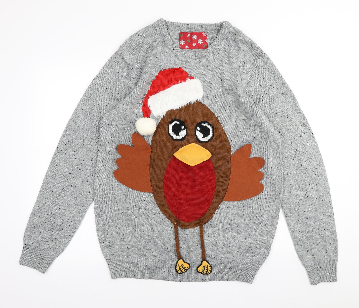 F&F Mens Grey Crew Neck Acrylic Pullover Jumper Size L - Christmas Robin