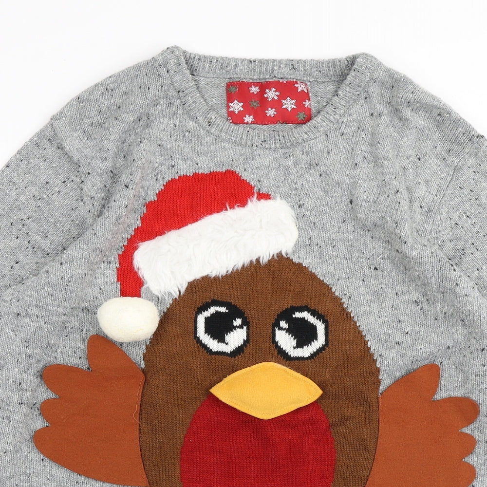 F&F Mens Grey Crew Neck Acrylic Pullover Jumper Size L - Christmas Robin