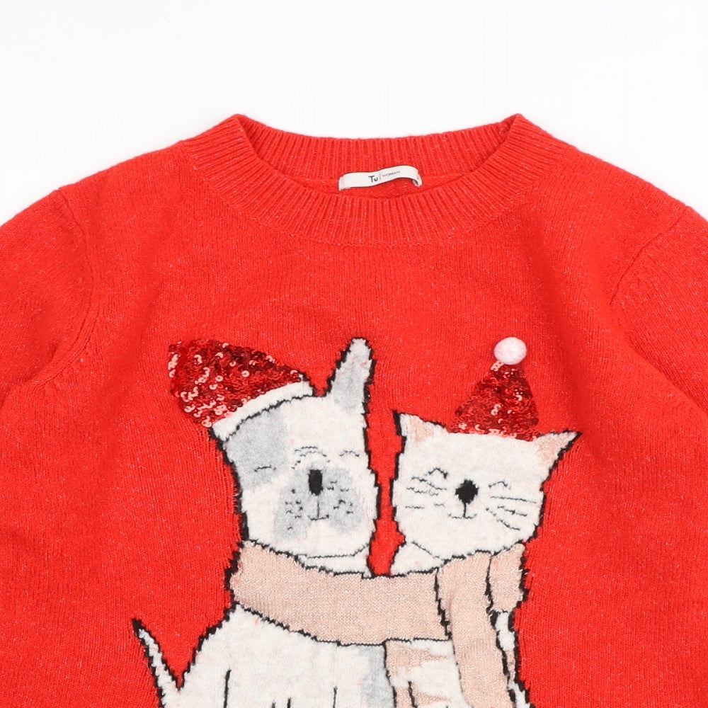 TU Womens Red Crew Neck Cotton Pullover Jumper Size 14 - Christmas