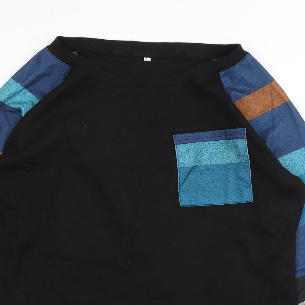 Preworn Womens Black Colourblock Cotton Basic T-Shirt Size L Scoop Neck