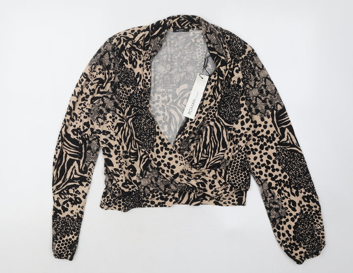 Roman Womens Black V-Neck Animal Print Viscose Pullover Jumper Size 12