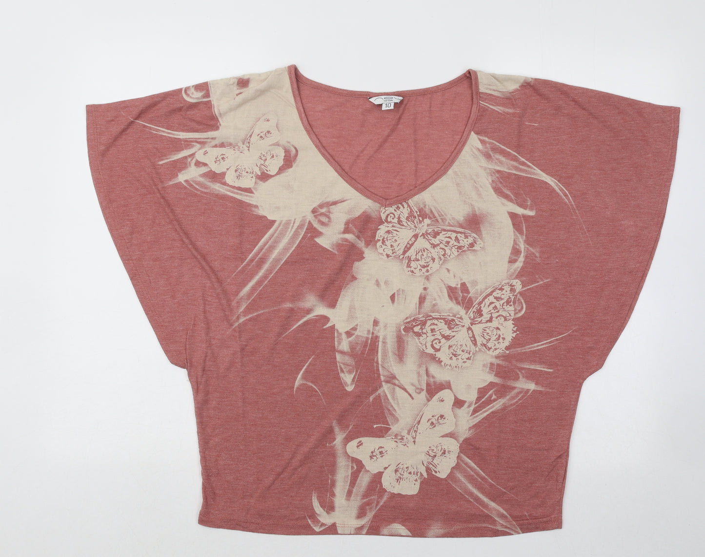 New Look Womens Red Cotton Basic T-Shirt Size 10 V-Neck - Butterflies