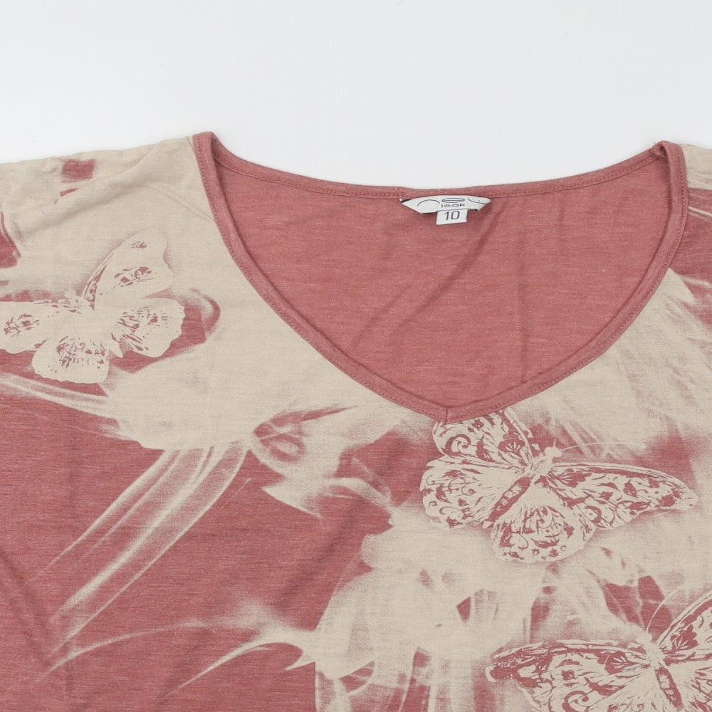 New Look Womens Red Cotton Basic T-Shirt Size 10 V-Neck - Butterflies