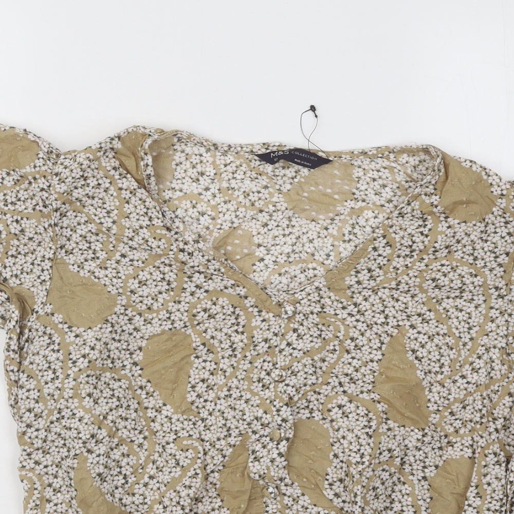 Marks and Spencer Womens Beige Geometric Cotton Basic T-Shirt Size 12 V-Neck