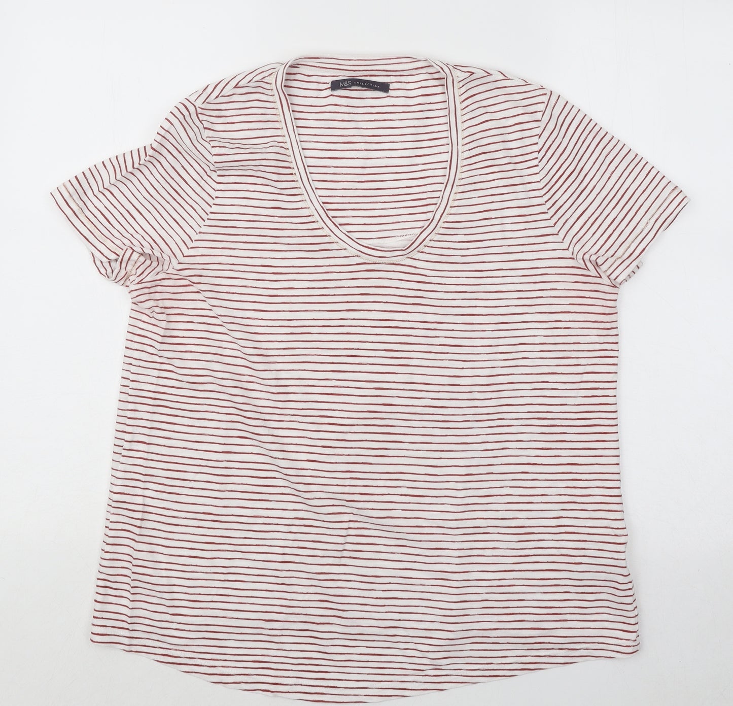 Marks and Spencer Womens Red Striped Cotton Basic T-Shirt Size 14 Scoop Neck