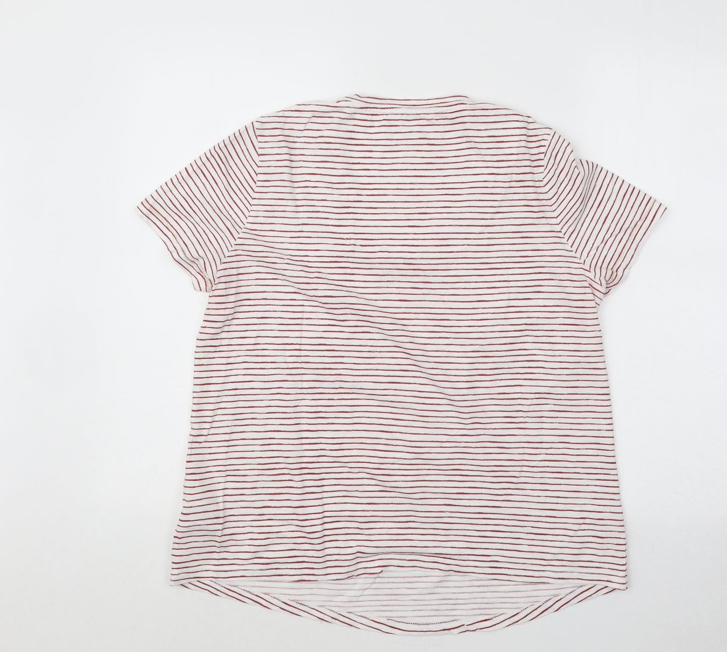 Marks and Spencer Womens Red Striped Cotton Basic T-Shirt Size 14 Scoop Neck