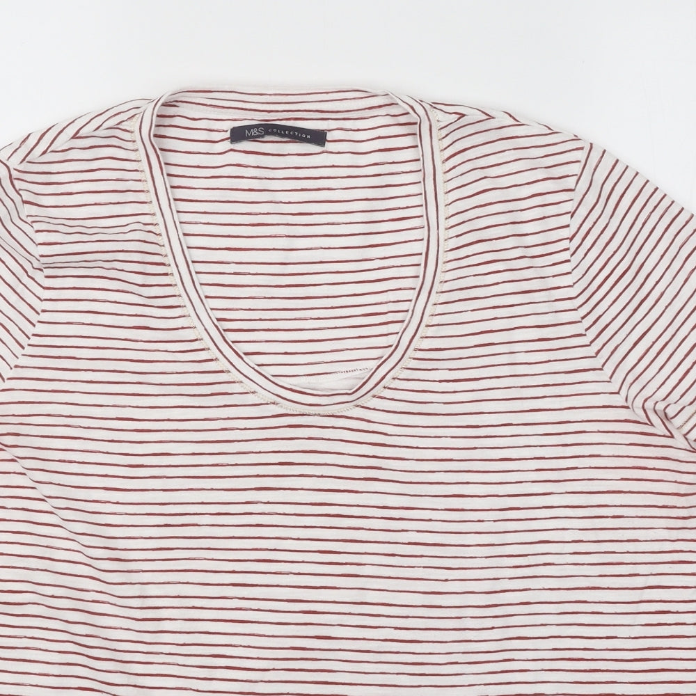 Marks and Spencer Womens Red Striped Cotton Basic T-Shirt Size 14 Scoop Neck