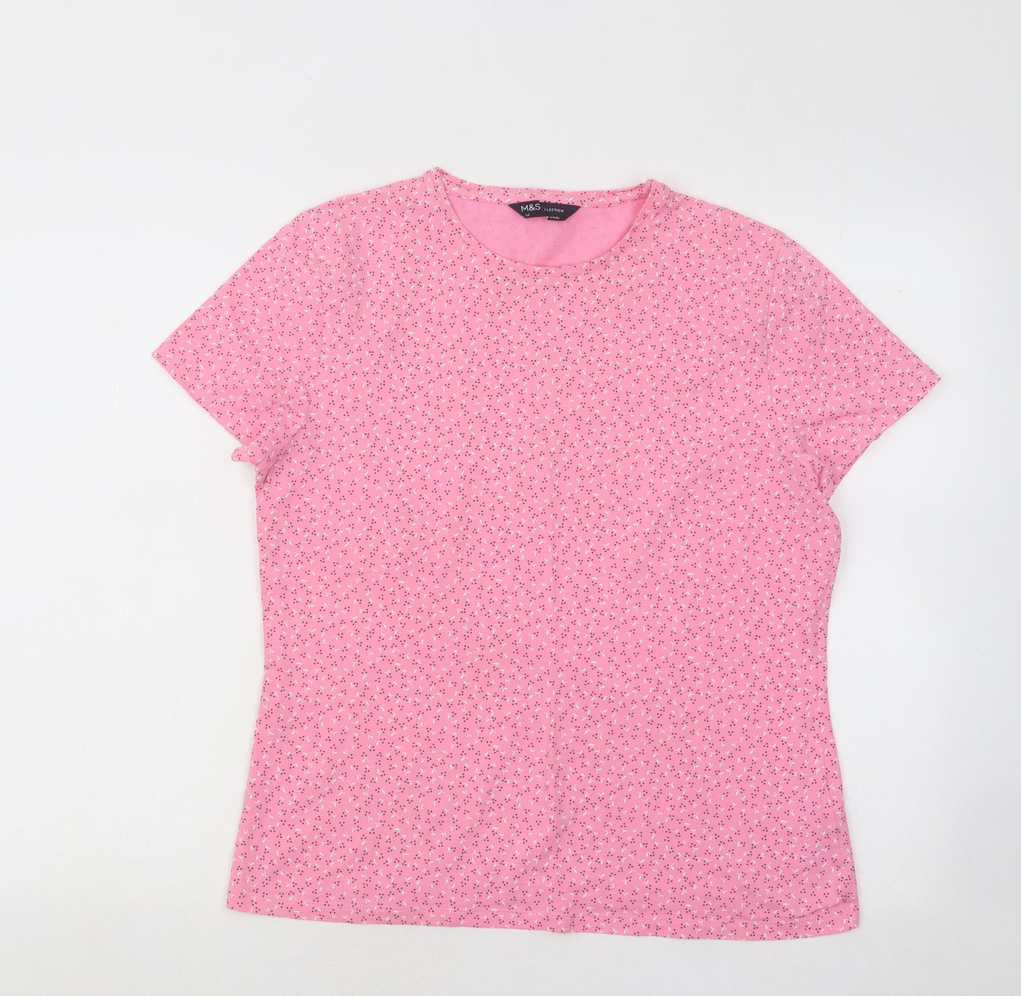 Marks and Spencer Womens Pink Geometric Cotton Basic T-Shirt Size 14 Round Neck