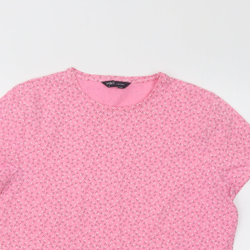 Marks and Spencer Womens Pink Geometric Cotton Basic T-Shirt Size 14 Round Neck