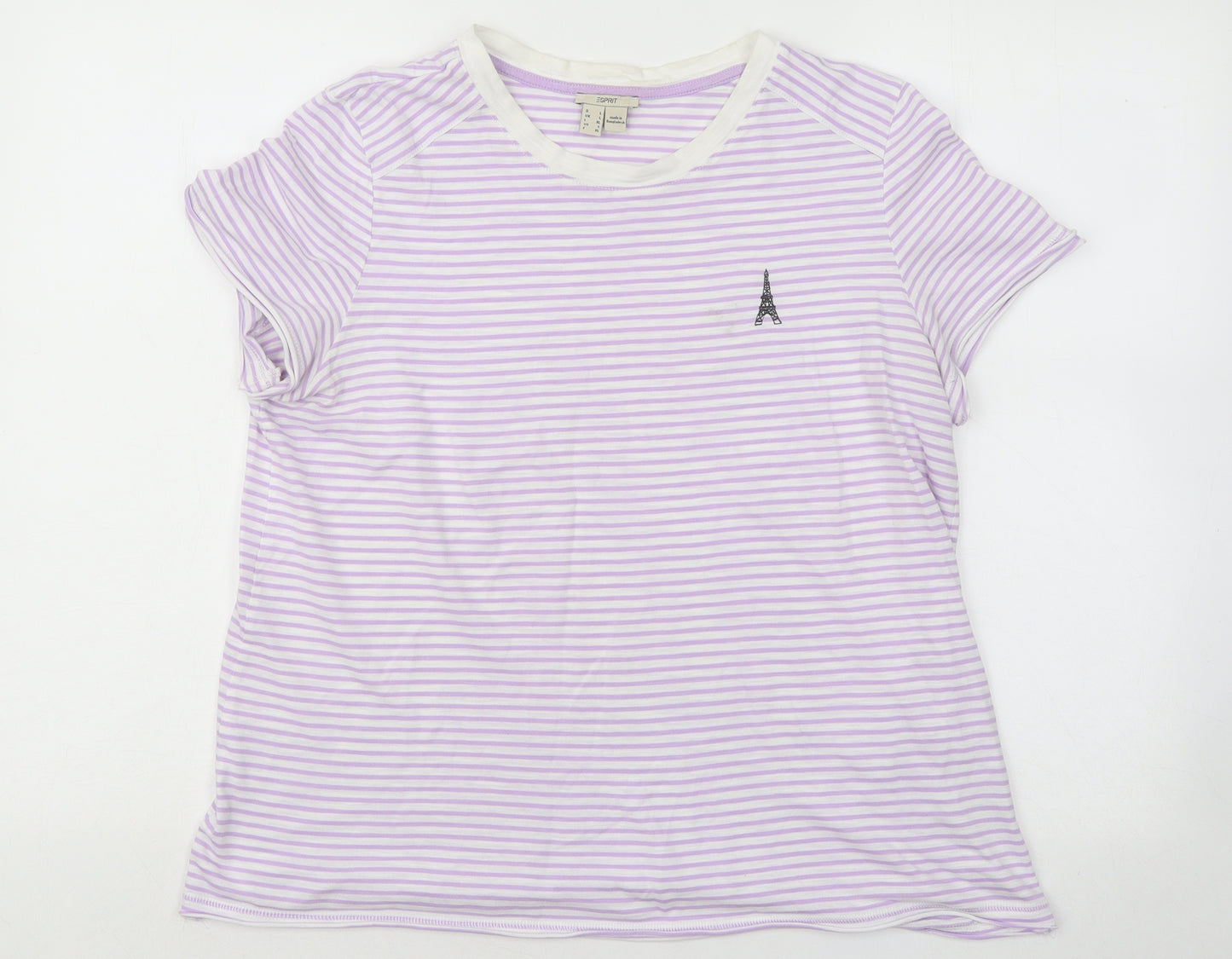 espirit Womens Purple Striped Cotton Basic T-Shirt Size L Round Neck - Eiffel Tower