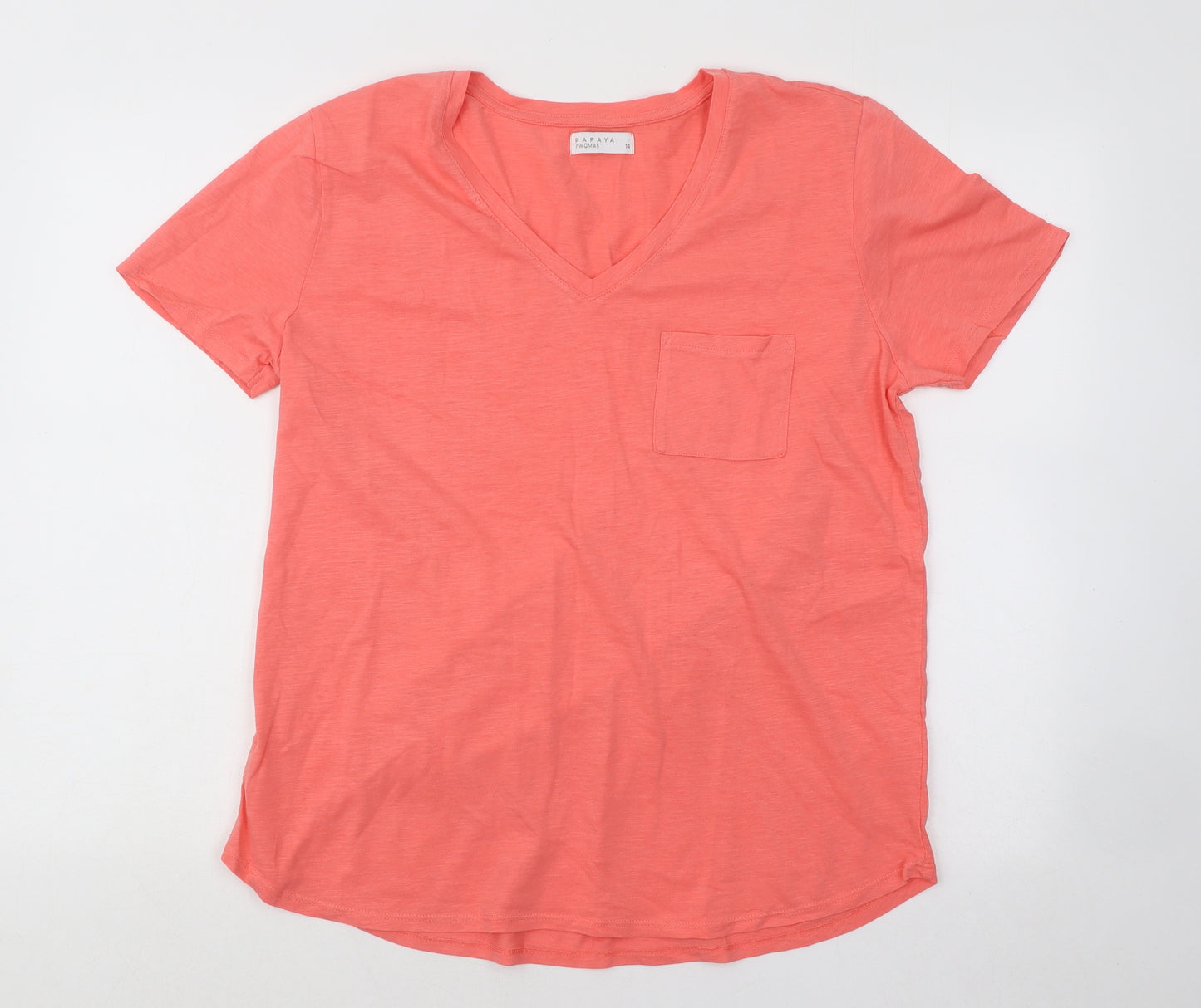 Papaya Womens Orange Cotton Basic T-Shirt Size 14 V-Neck