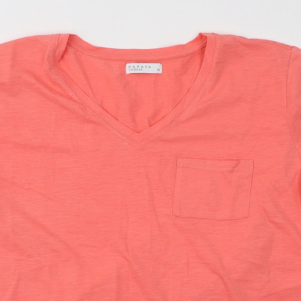 Papaya Womens Orange Cotton Basic T-Shirt Size 14 V-Neck