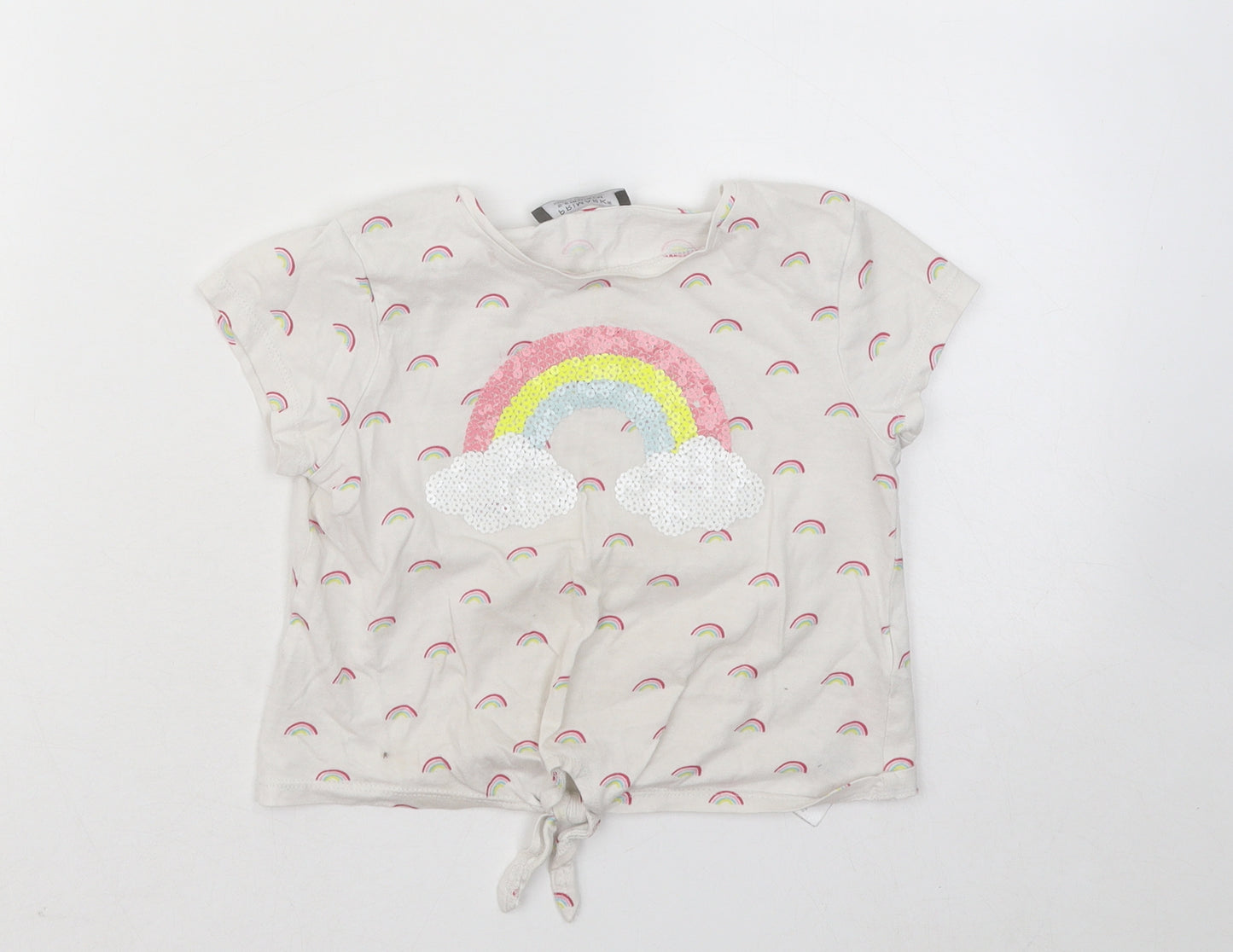 Primark Girls Grey Geometric Cotton Basic T-Shirt Size 6-7 Years Round Neck Pullover - Rainbow