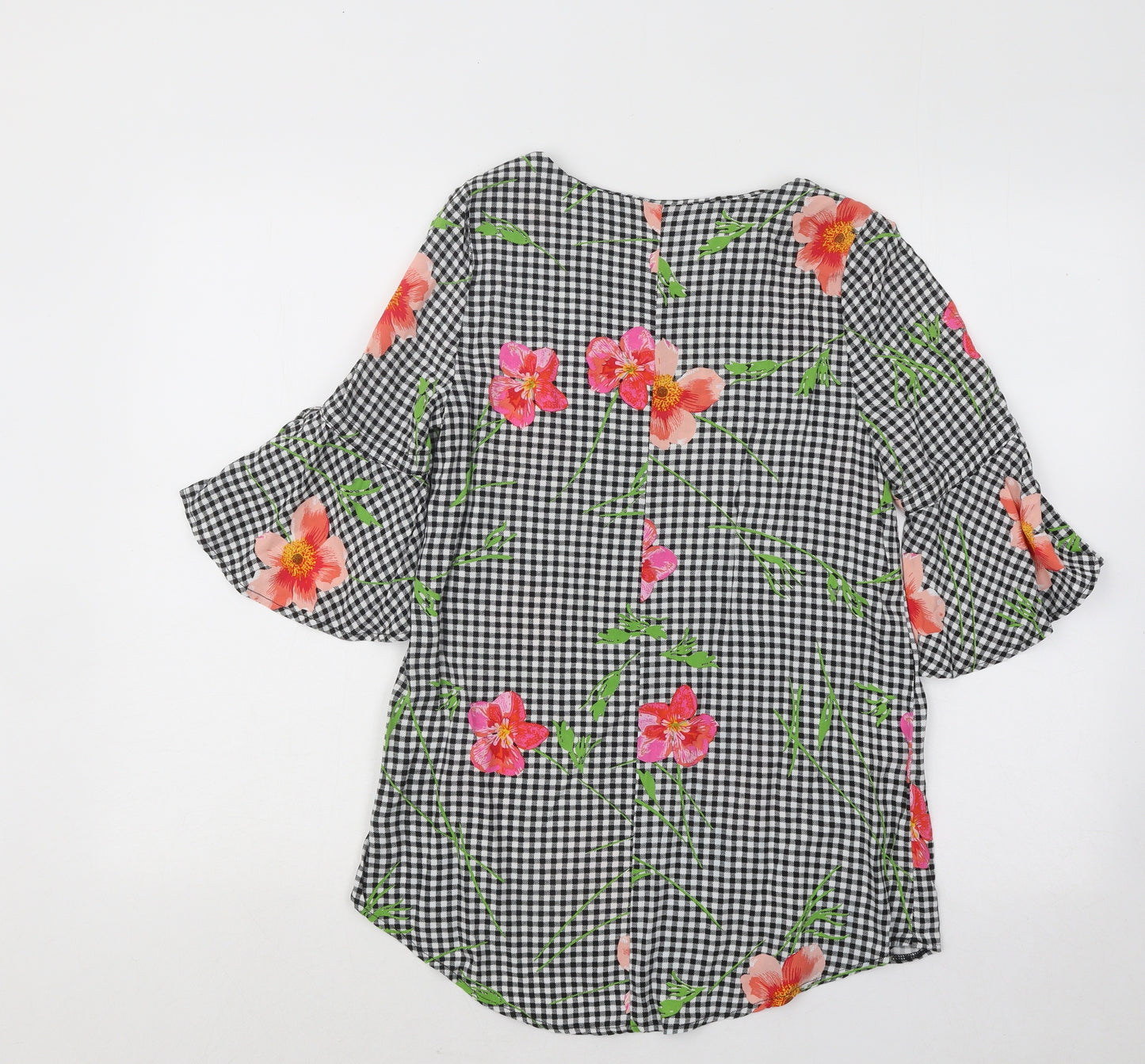 F&F Womens Black Plaid Viscose Basic Blouse Size 6 Round Neck - Flowers
