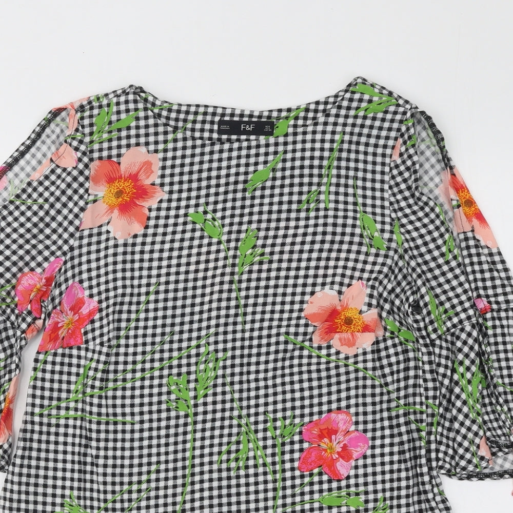 F&F Womens Black Plaid Viscose Basic Blouse Size 6 Round Neck - Flowers