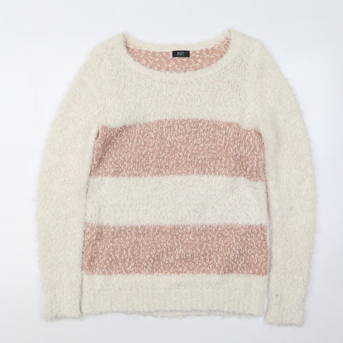 F&F Womens White Boat Neck Striped Polyester Pullover Jumper Size 8