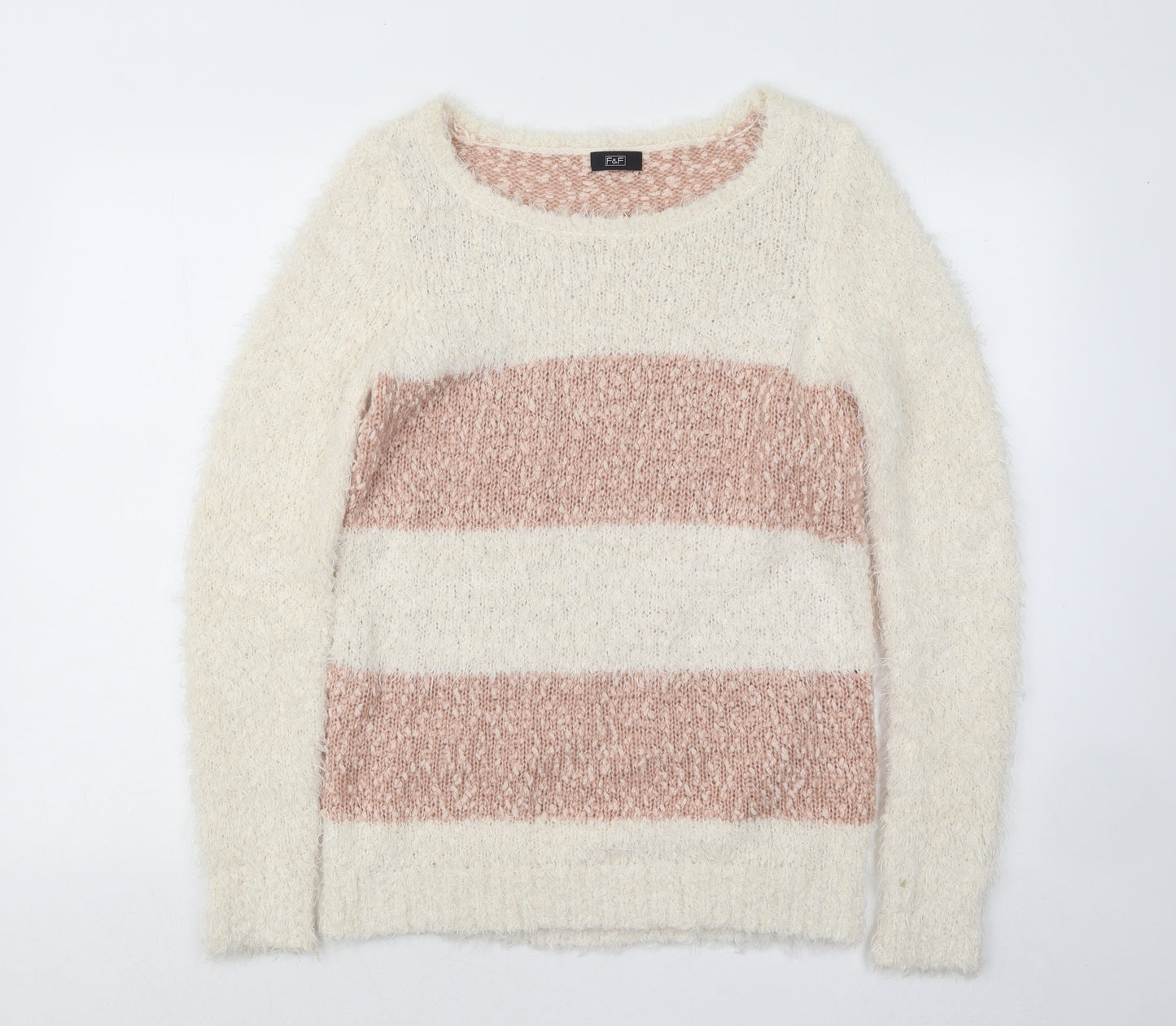 F&F Womens White Boat Neck Striped Polyester Pullover Jumper Size 8