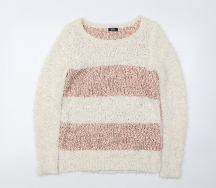 F&F Womens White Boat Neck Striped Polyester Pullover Jumper Size 8