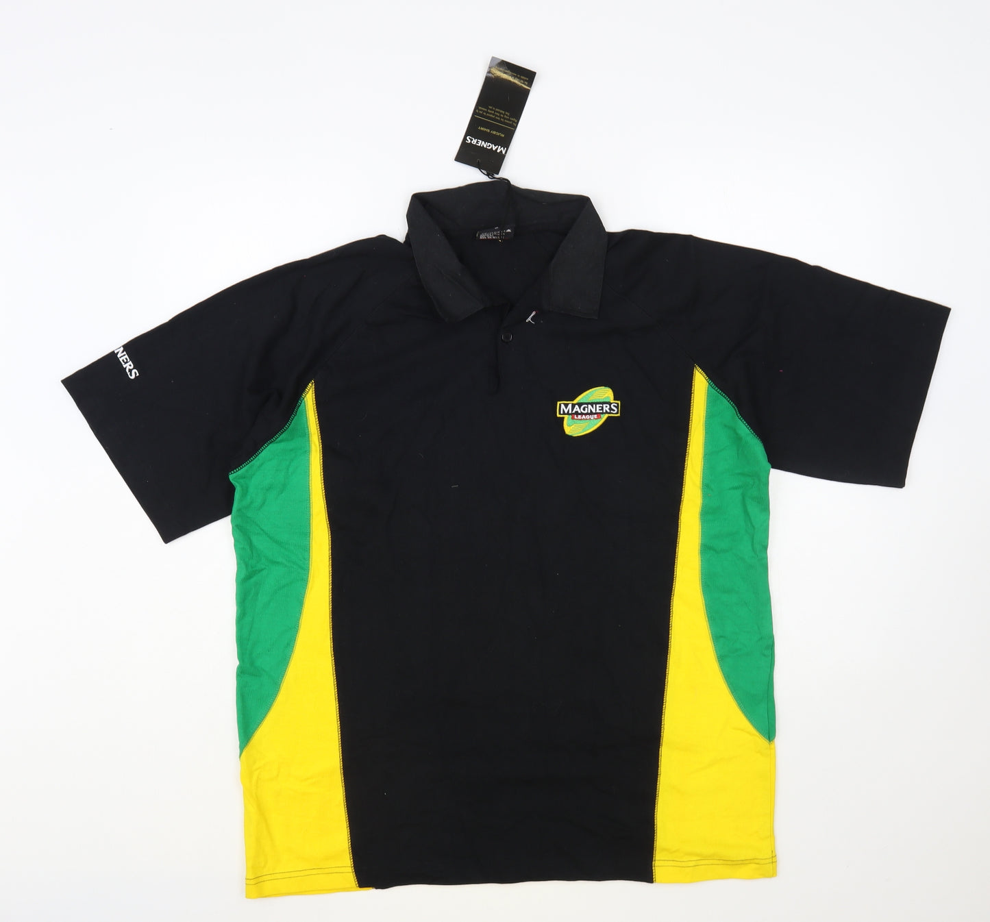 Magners Mens Black Colourblock Cotton Polo Size M Collared Button